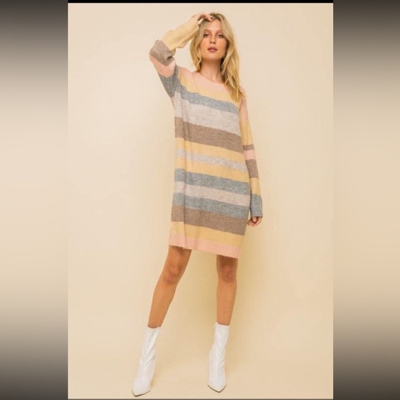 Hem & Thread Multicolor Striped Long Sleeve Sweater Dress - Picture 1 of 7